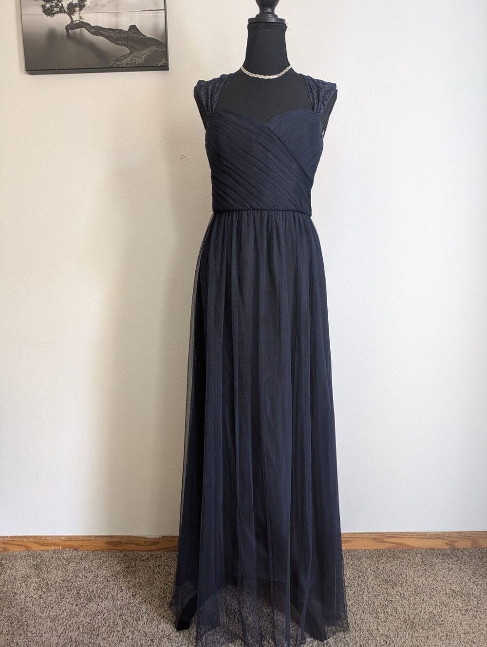 Amsale Navy Blue Lace & Tulle Formal Evening Gown - Size 6